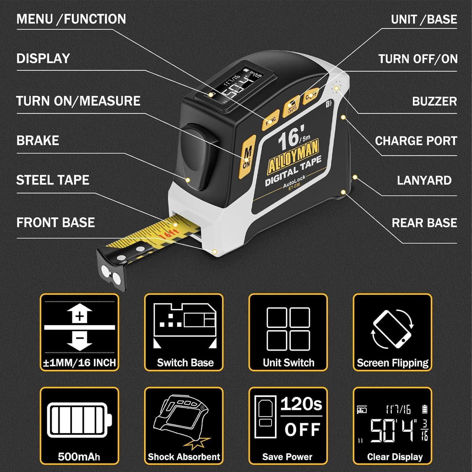 Cinta Métrica Digital Alloyman 4.88m 6 Unidades 4 Modos