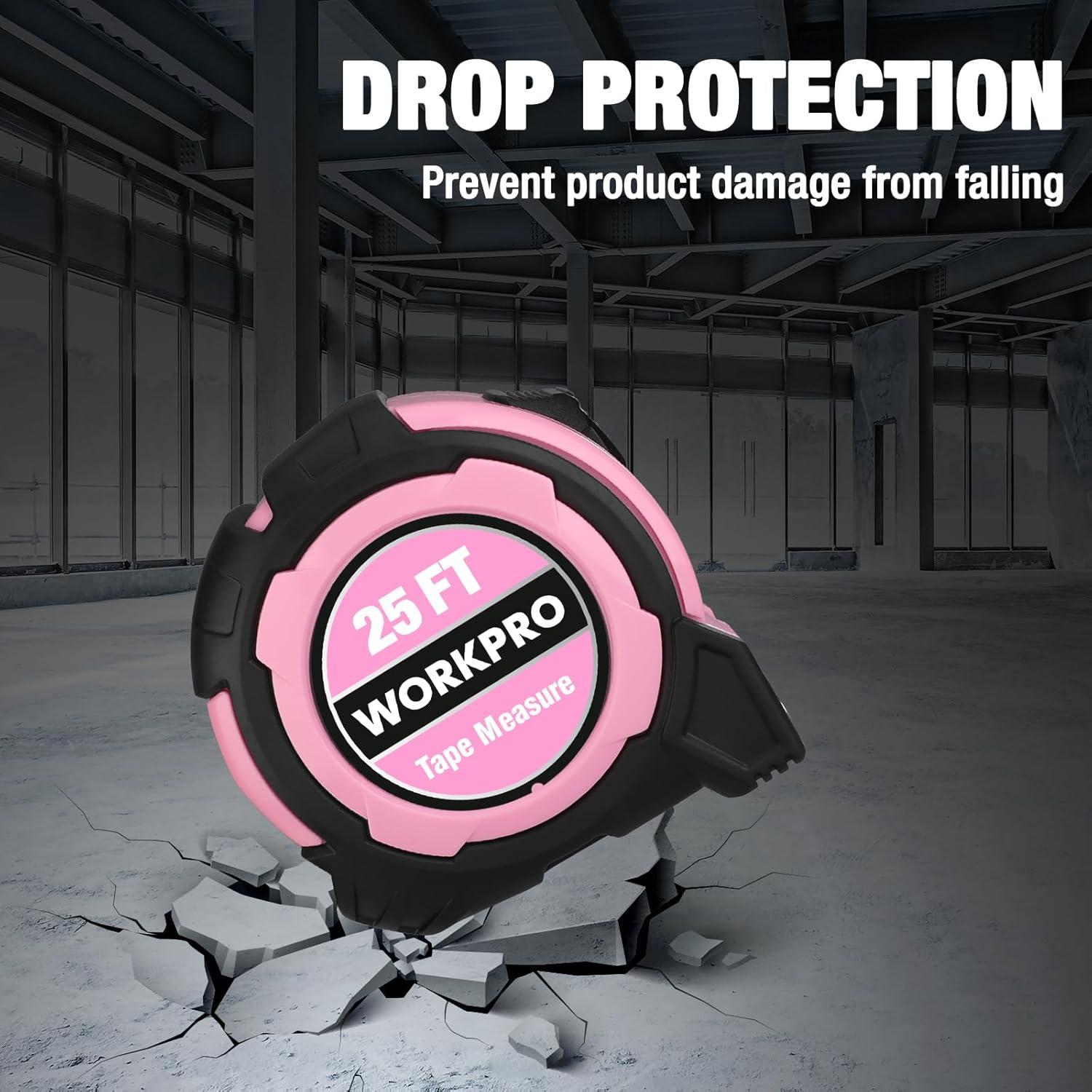 Cinta Métrica WORKPRO Rosa 7.6m con Gancho Magnético
