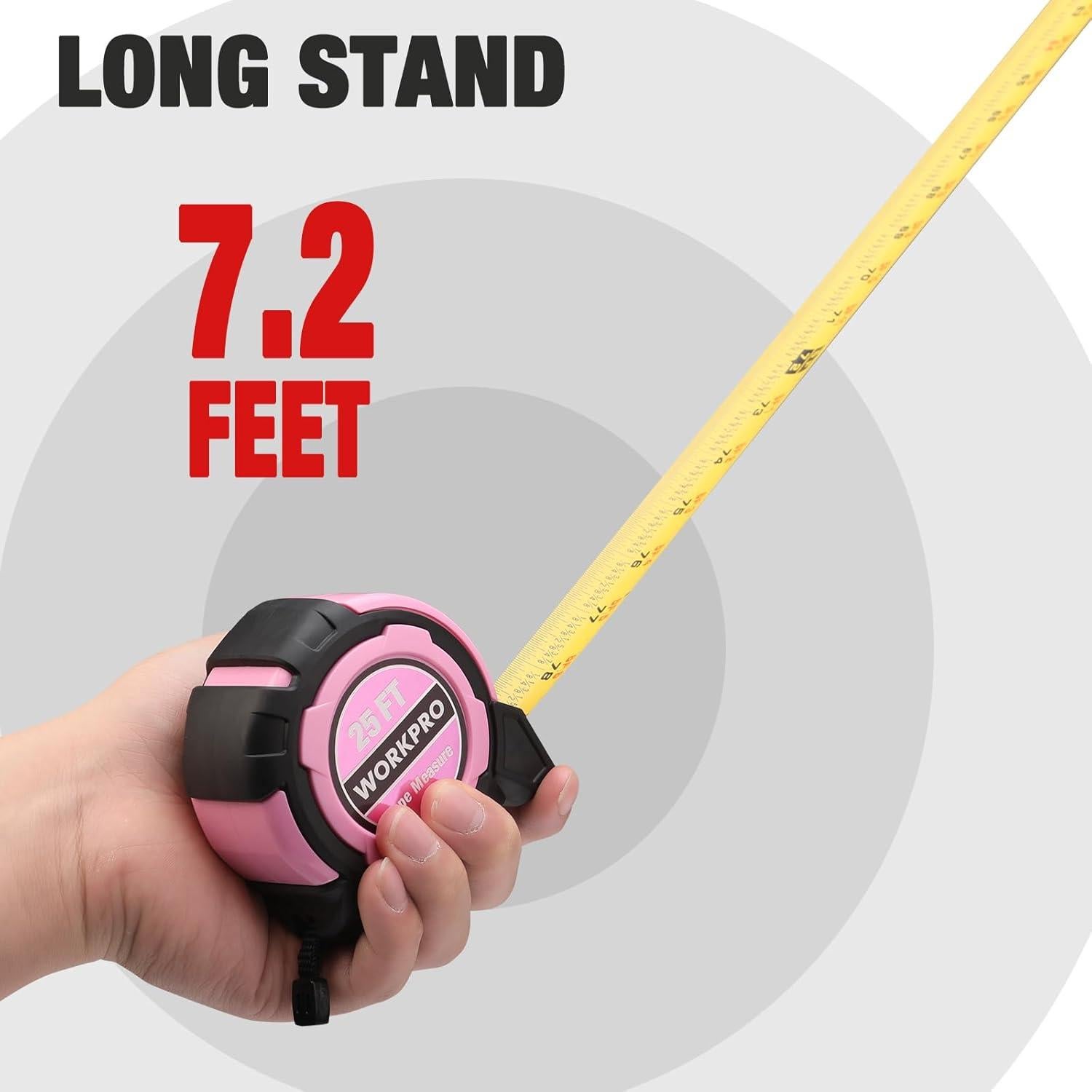 Cinta Métrica WORKPRO Rosa 7.6m con Gancho Magnético