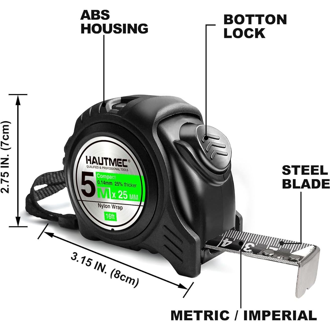 Cinta Métrica HAUTMEC 5m Acero Retráctil Doble Escala