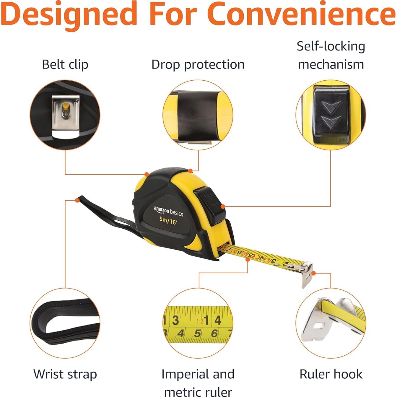 Cinta Métrica Autocierre Amazon Basics 5m Precisión MEDIA