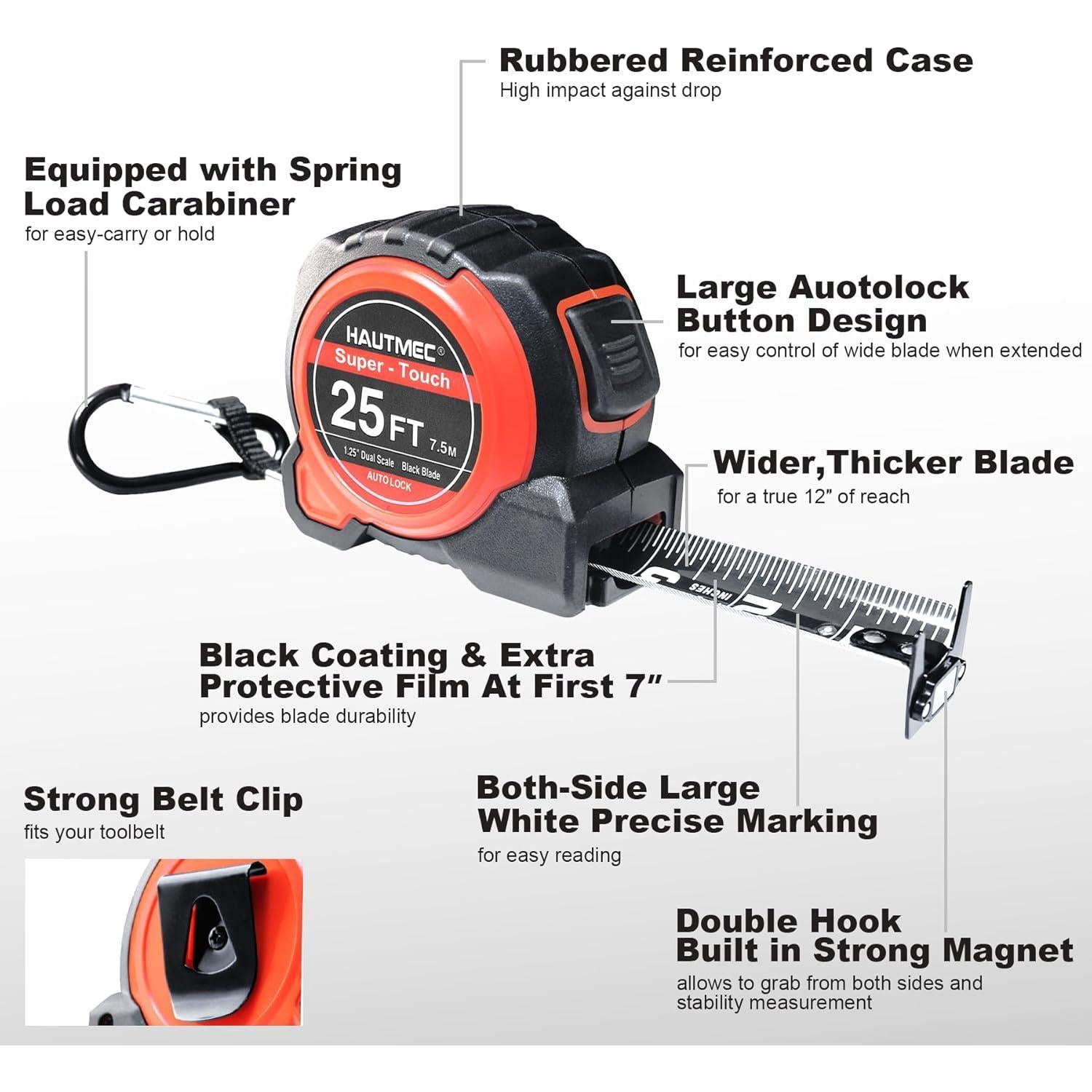 Cinta Métrica HAUTMEC 7.62m Acero Carbono Gancho Magnético