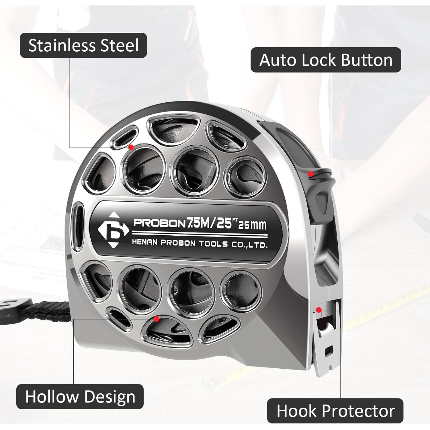 Cinta Métrica Retráctil 7.5m Acero Inoxidable PoDhey 2PCS