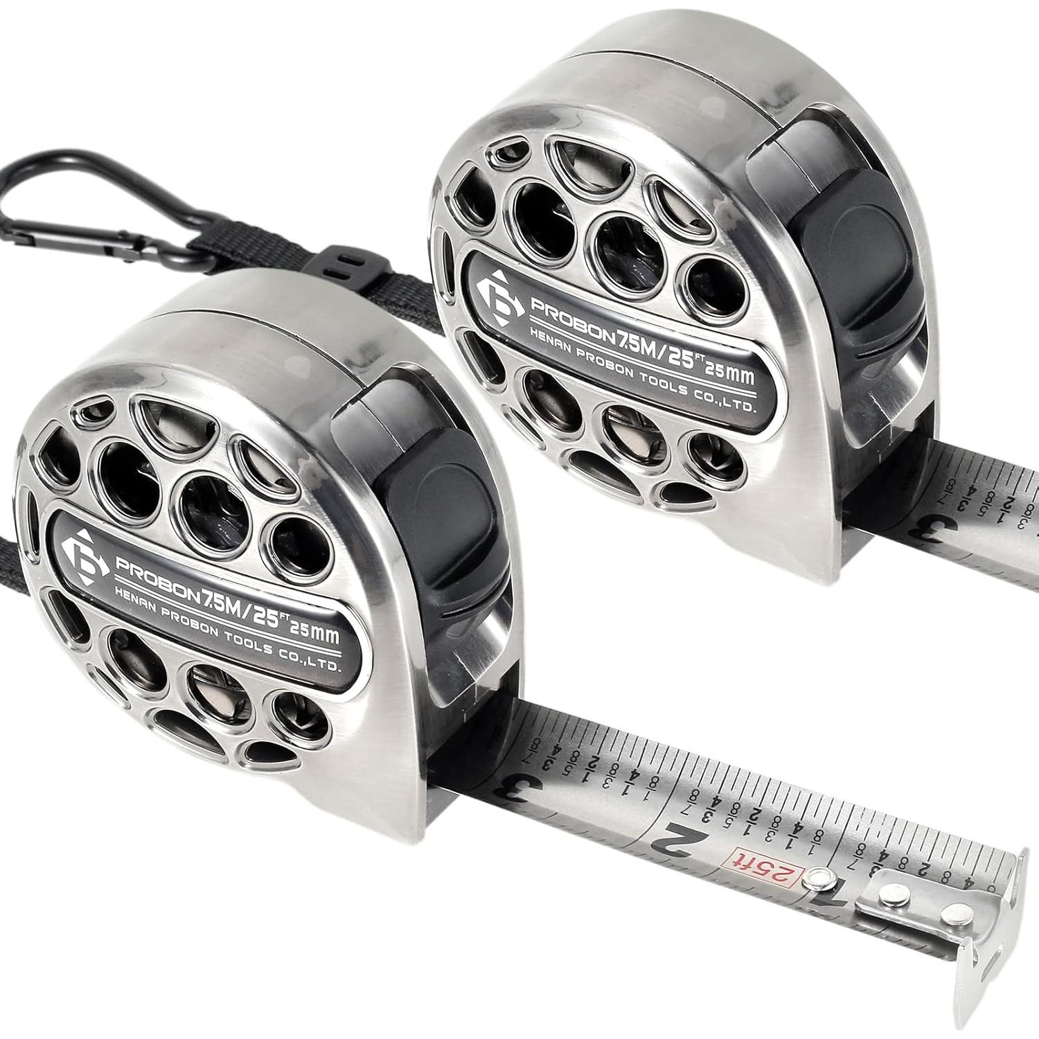 2 Pcs 25 Ft Tape Measure, Stainless Steel Double Sided Scale Retractable Measuring Tape, Anti Fall Wear Resistant Metric Ruler, Hollow Design, Self Lock