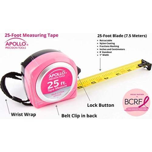 Cinta Métrica Apollo Tools 7.62m Rosa con Cuchilla Nylon