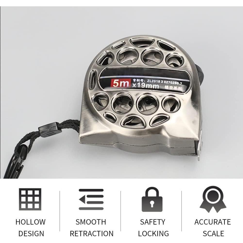 High Grade Tape Measure, 5M Metal Hollow Auto Lock Stainless Steel Flexible Tape Measure Waterproof Anti-Fall Metric Ruler for Industry Home Collection(Silver)