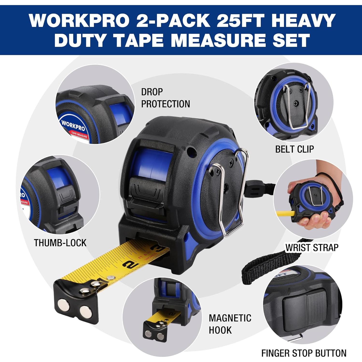 Cinta Métrica WORKPRO 3m, 2Pcs Cinta de Medición Robusta