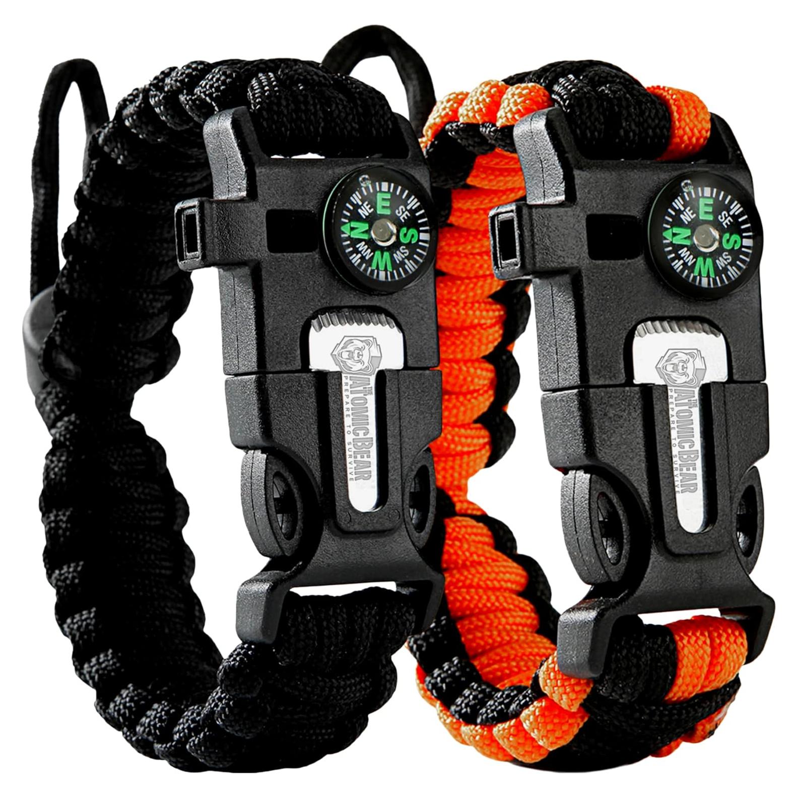 Pulsera de Paracord The Atomic Bear - 2 Piezas - Ajustable - Encendedor - Silbato - Negro y Naranja