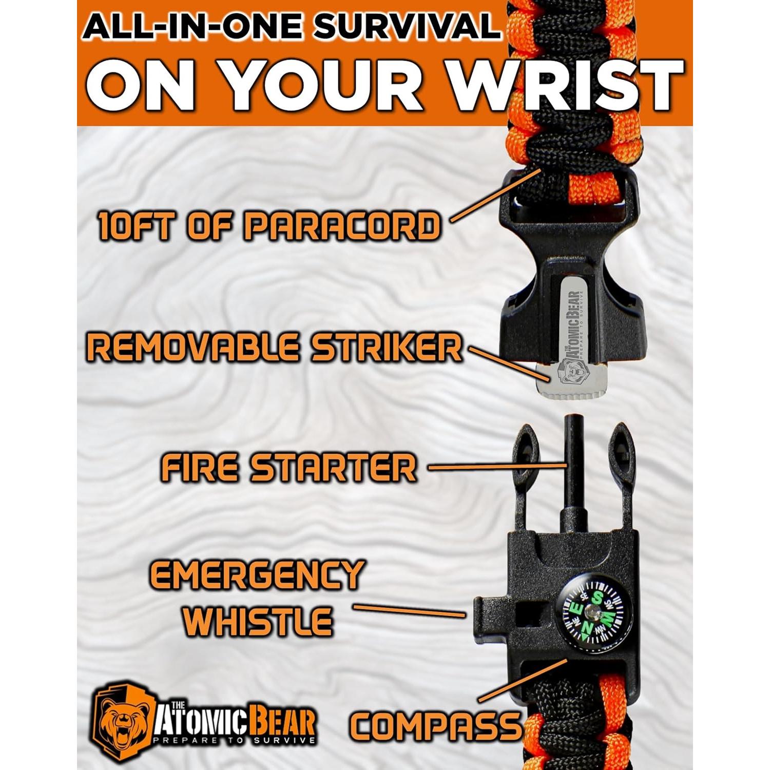 Pulsera de Paracord The Atomic Bear - 2 Piezas - Ajustable - Encendedor - Silbato - Negro y Naranja