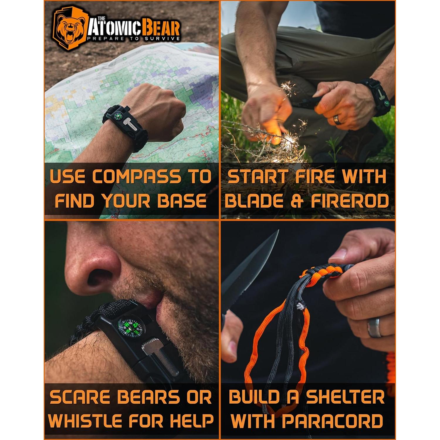 Pulsera de Paracord The Atomic Bear - 2 Piezas - Ajustable - Encendedor - Silbato - Negro y Naranja