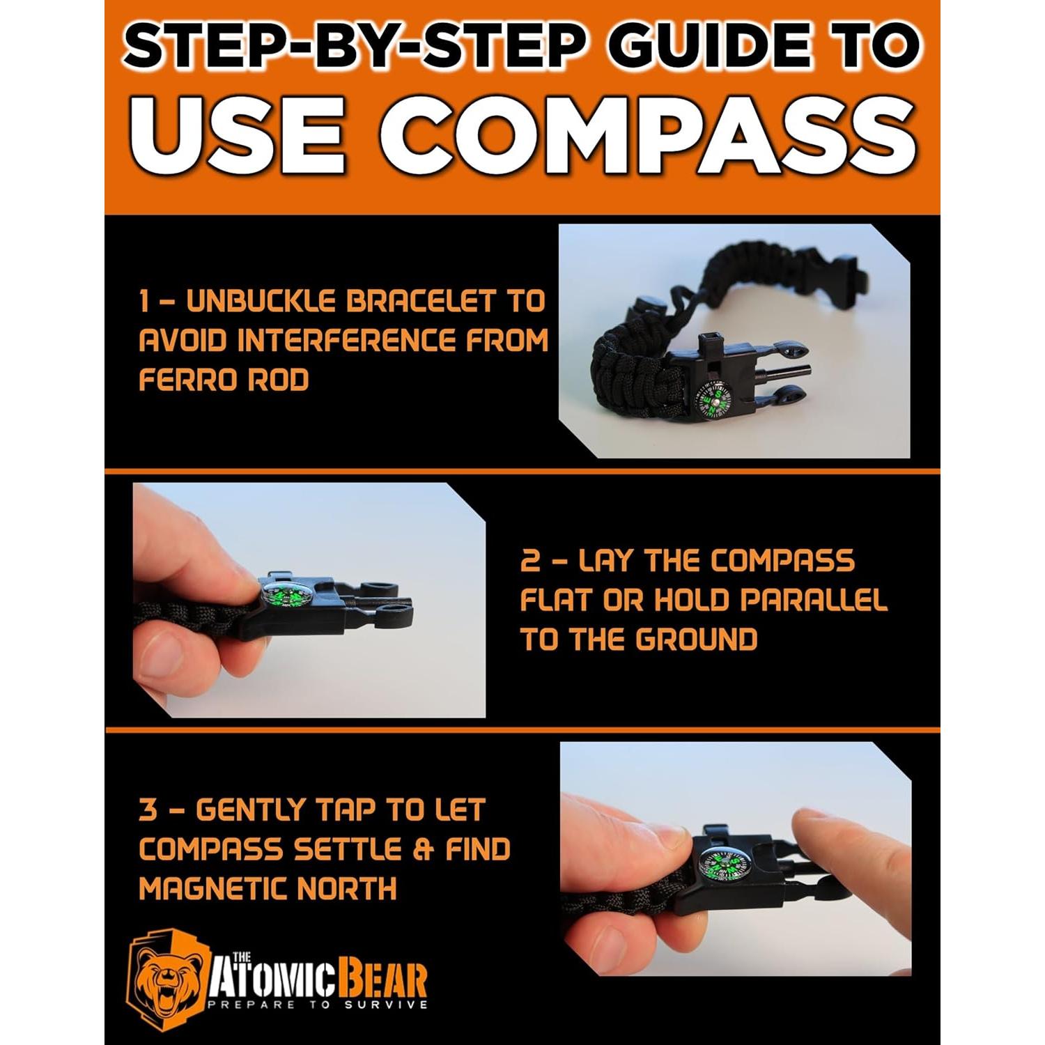 Pulsera de Paracord The Atomic Bear - 2 Piezas - Ajustable - Encendedor - Silbato - Negro y Naranja