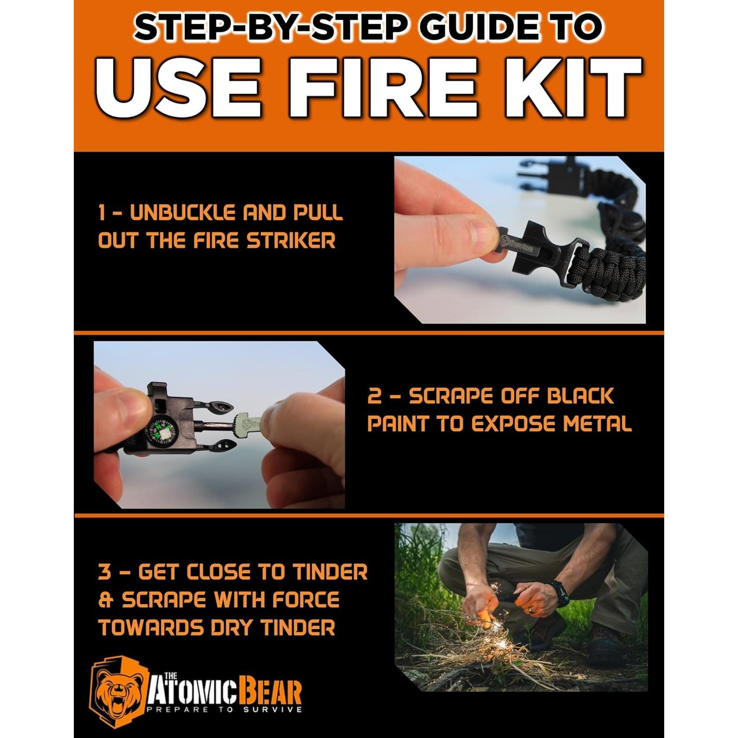 Pulsera de Paracord The Atomic Bear - 2 Piezas - Ajustable - Encendedor - Silbato - Negro y Naranja