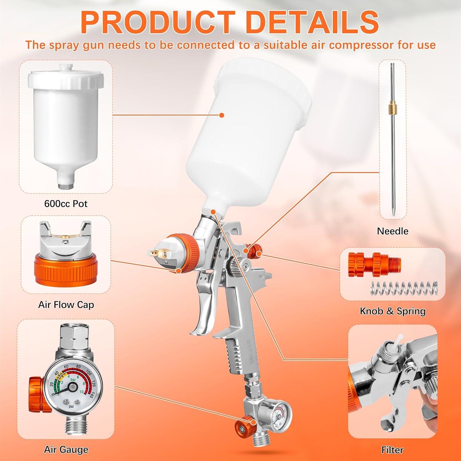 Pistola de Spray REFINE R827G 600cc 3 Boquillas 1.4/1.7/2.0mm