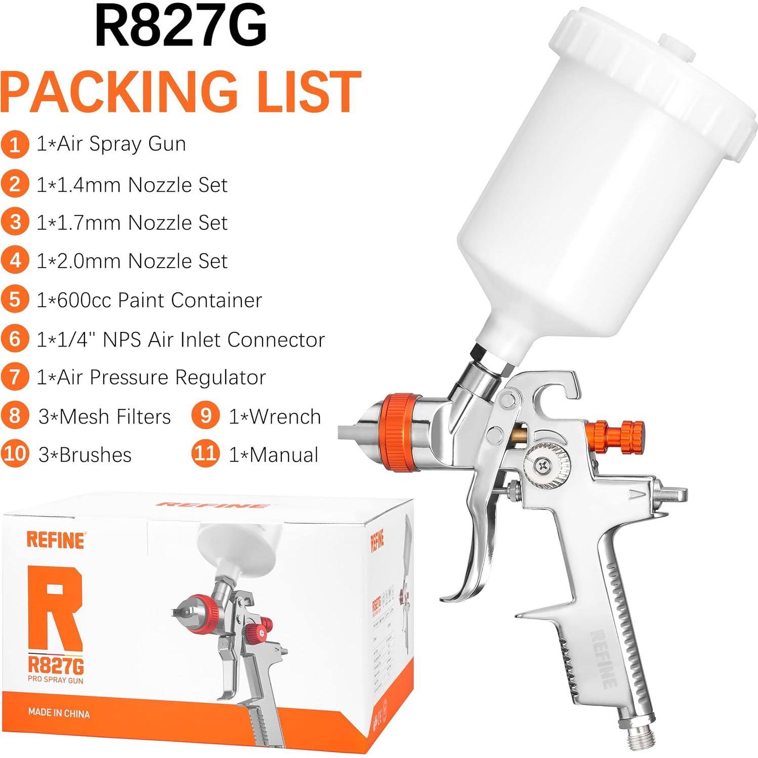 Pistola de Spray REFINE R827G 600cc 3 Boquillas 1.4/1.7/2.0mm