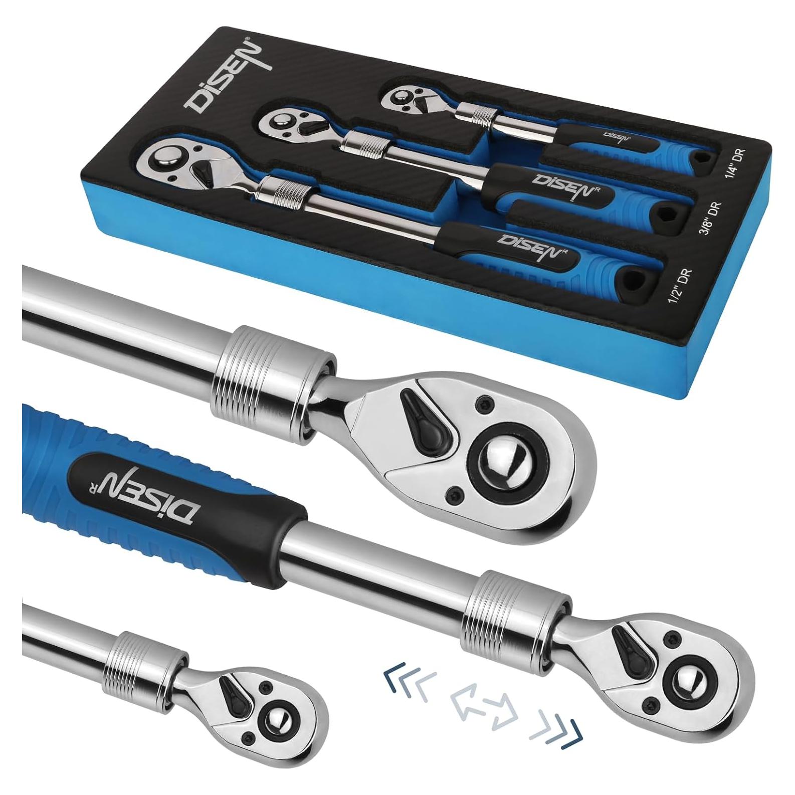 Juego de Llave de Carraca DISEN 3PCS Extensible 72 Dientes