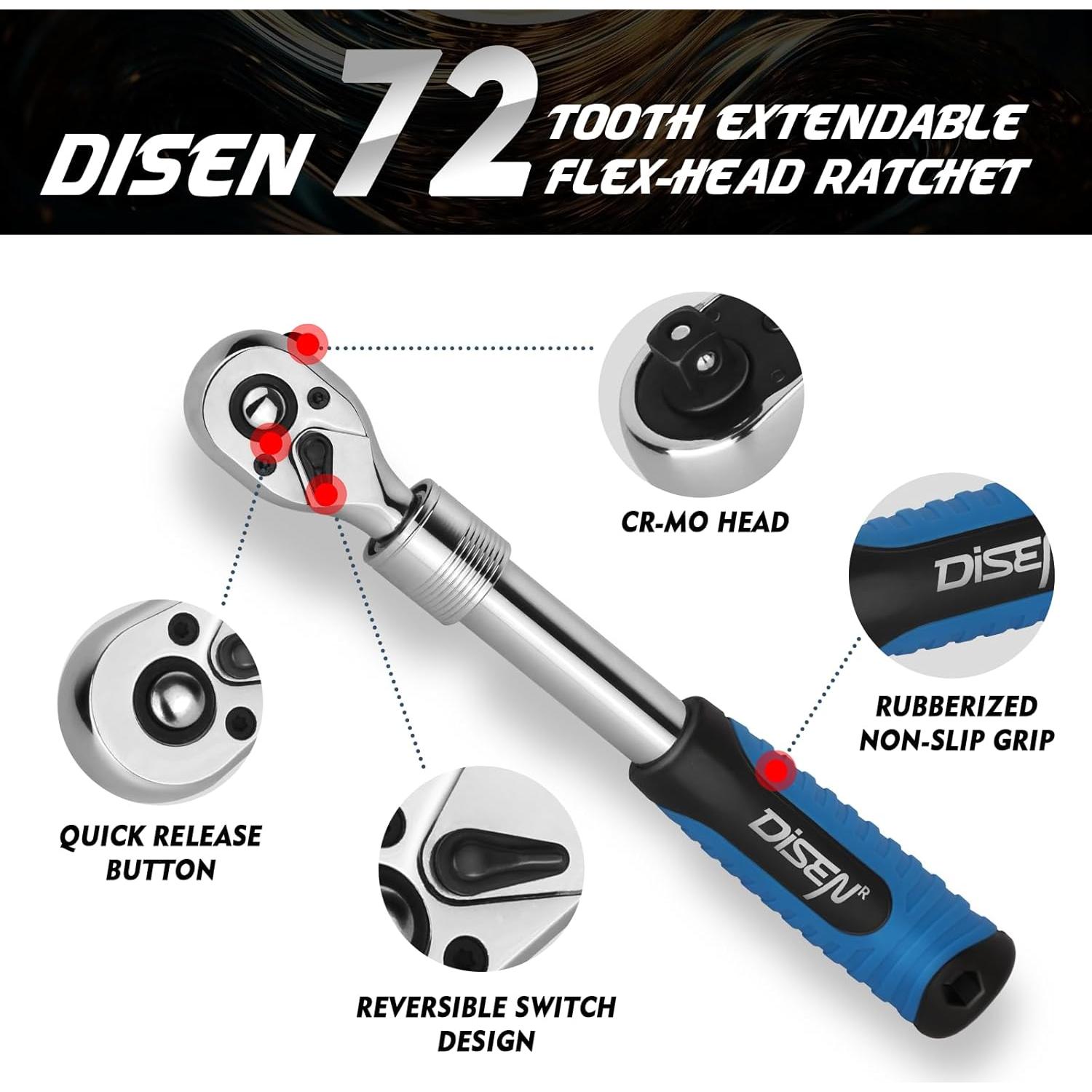 Juego de Llave de Carraca DISEN 3PCS Extensible 72 Dientes