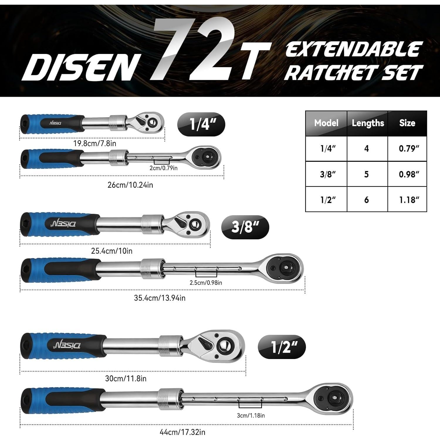 Juego de Llave de Carraca DISEN 3PCS Extensible 72 Dientes