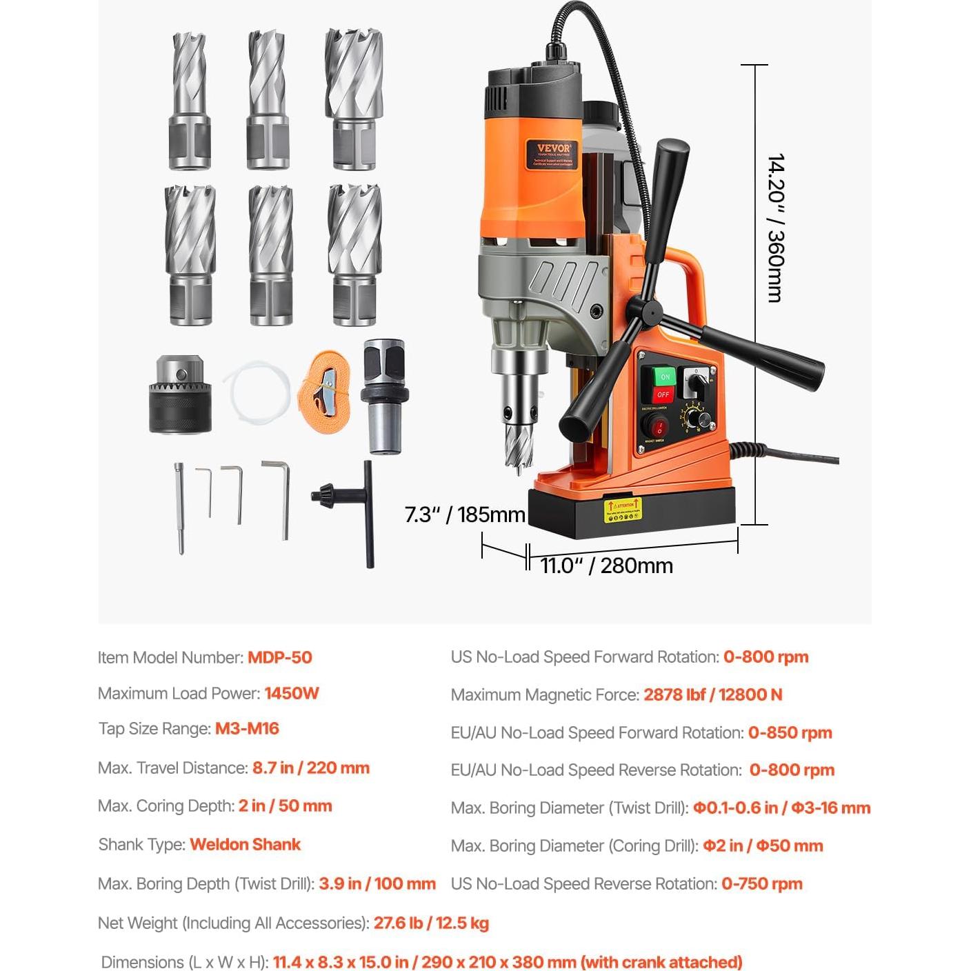 Taladro Magnético VEVOR 1450W 5.08cm 800 RPM con Brocas