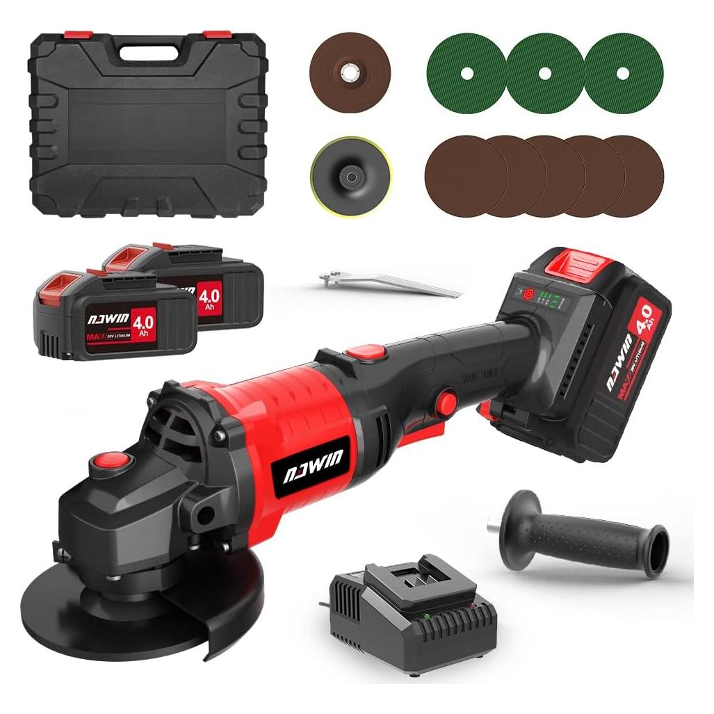 4 inch Cordless Angle Grinder Kit, Variable Speed Grinder, 2×4.0Ah Li-Ion Battery&Fast Charger,9000RPM Brushless Motor, battery angle grinder tool,angle grinder cordless