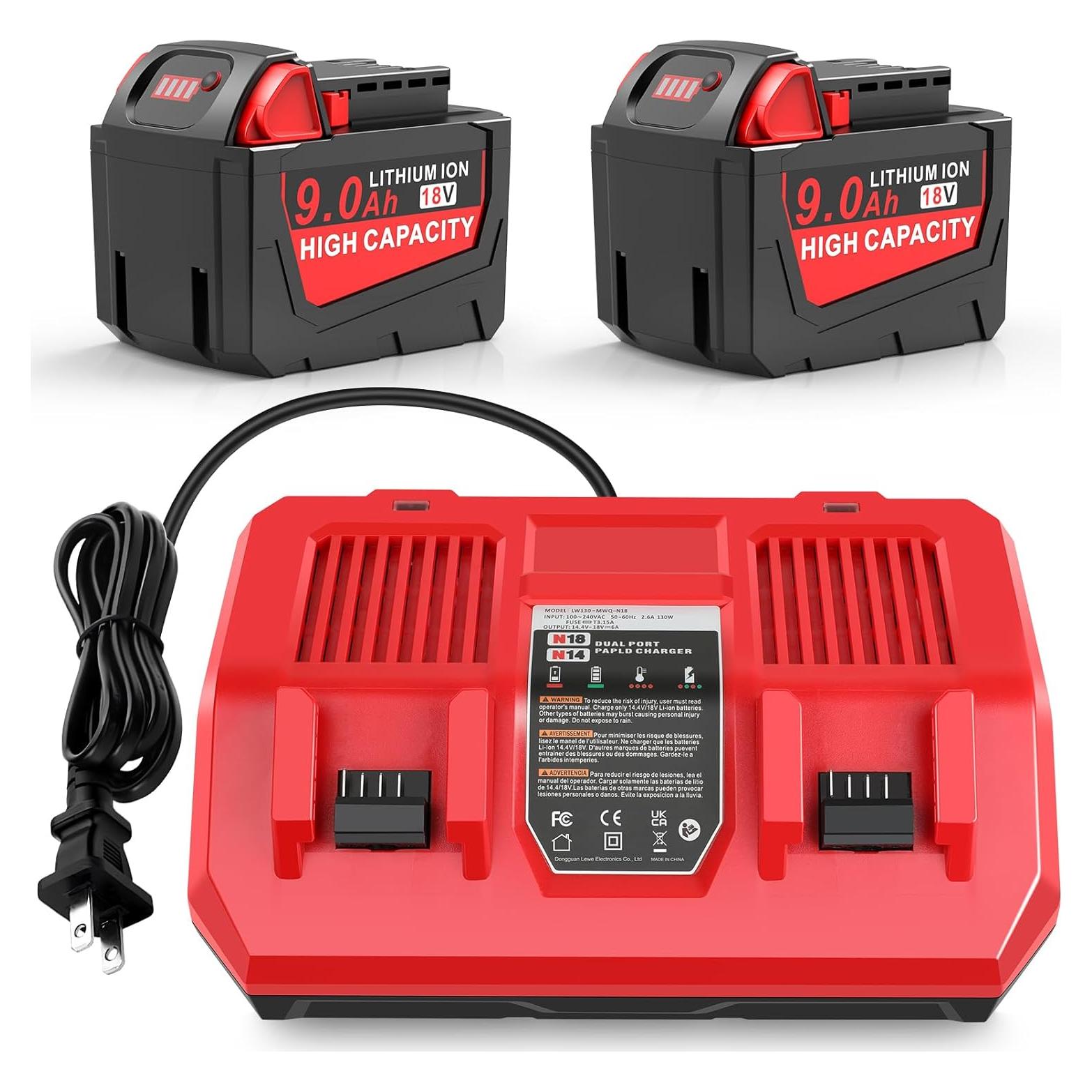 2 Pack 9.0Ah 18v Battery Replacement for Milwaukee with Rapid Dual Charging Port 18v Battery Charger, 48-11-1840, 48-11-1828, 48-11-1820, 48-11-1815, 48-11-1850, 48-11-1860, 48-11-1890
