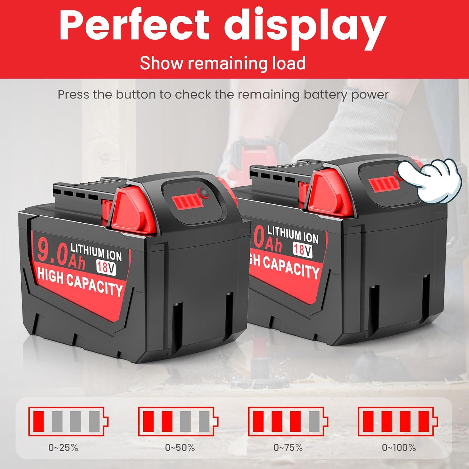 2 Pack 9.0Ah 18v Battery Replacement for Milwaukee with Rapid Dual Charging Port 18v Battery Charger, 48-11-1840, 48-11-1828, 48-11-1820, 48-11-1815, 48-11-1850, 48-11-1860, 48-11-1890