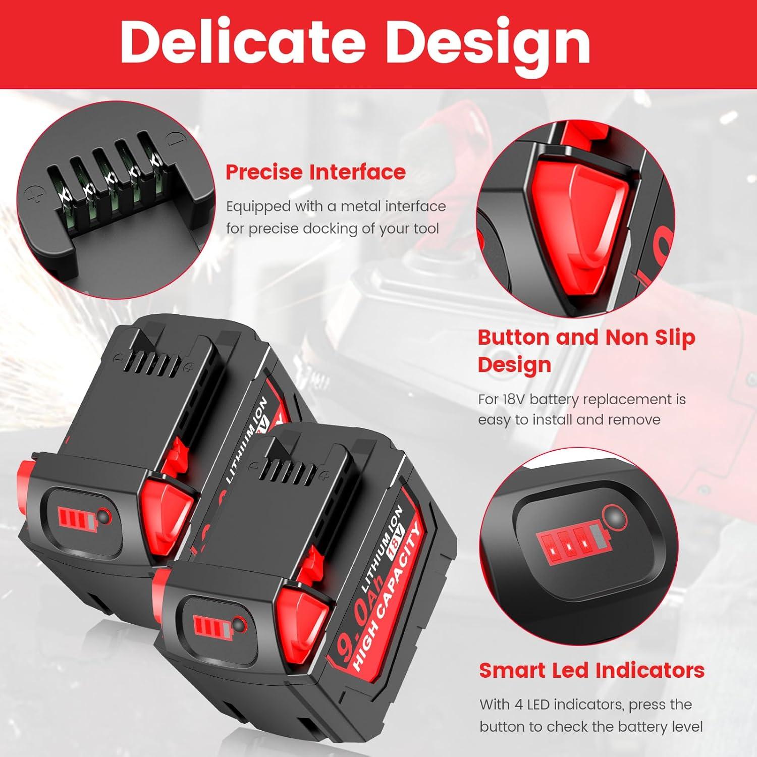 2 Pack 9.0Ah 18v Battery Replacement for Milwaukee with Rapid Dual Charging Port 18v Battery Charger, 48-11-1840, 48-11-1828, 48-11-1820, 48-11-1815, 48-11-1850, 48-11-1860, 48-11-1890