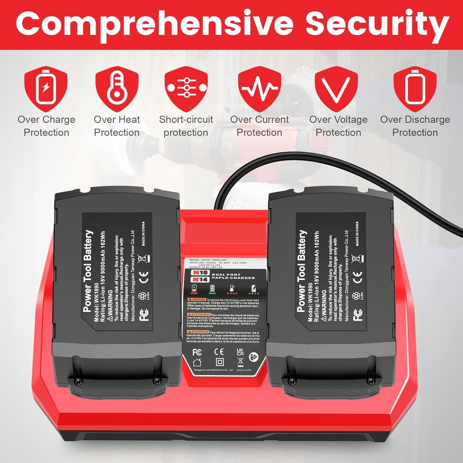2 Pack 9.0Ah 18v Battery Replacement for Milwaukee with Rapid Dual Charging Port 18v Battery Charger, 48-11-1840, 48-11-1828, 48-11-1820, 48-11-1815, 48-11-1850, 48-11-1860, 48-11-1890