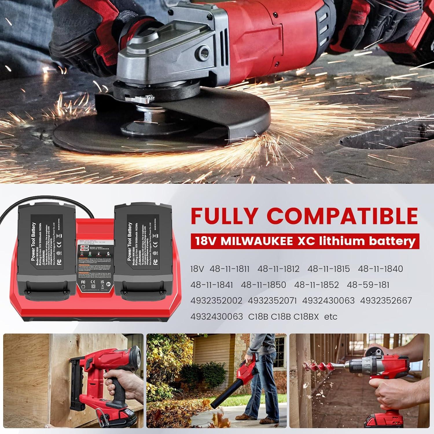 2 Pack 9.0Ah 18v Battery Replacement for Milwaukee with Rapid Dual Charging Port 18v Battery Charger, 48-11-1840, 48-11-1828, 48-11-1820, 48-11-1815, 48-11-1850, 48-11-1860, 48-11-1890