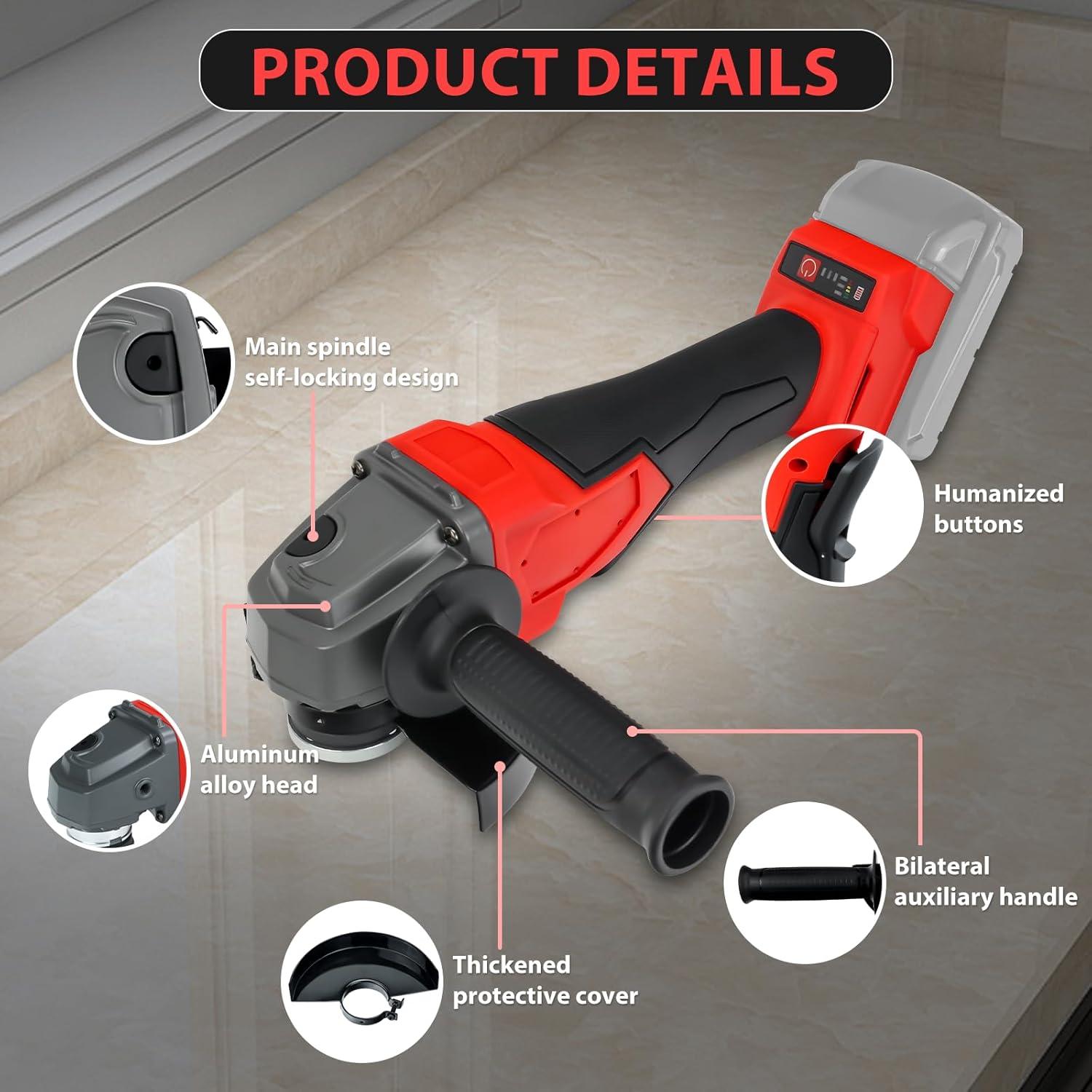 Angle Grinder Cordless for Milwaukee 18V Li-ion Battery,7000RPM Brushless Grinder Tool,3 Variable Speeds,4.9’’power angle grinders 500W Grinders,for Cutting,Rust removal,Polishing and Burnishing