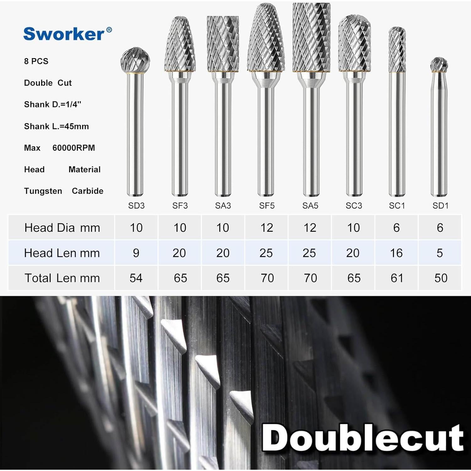 Juego de 8 Fresas de Carburo Sworker 1/4" (6.35mm) 6-12mm