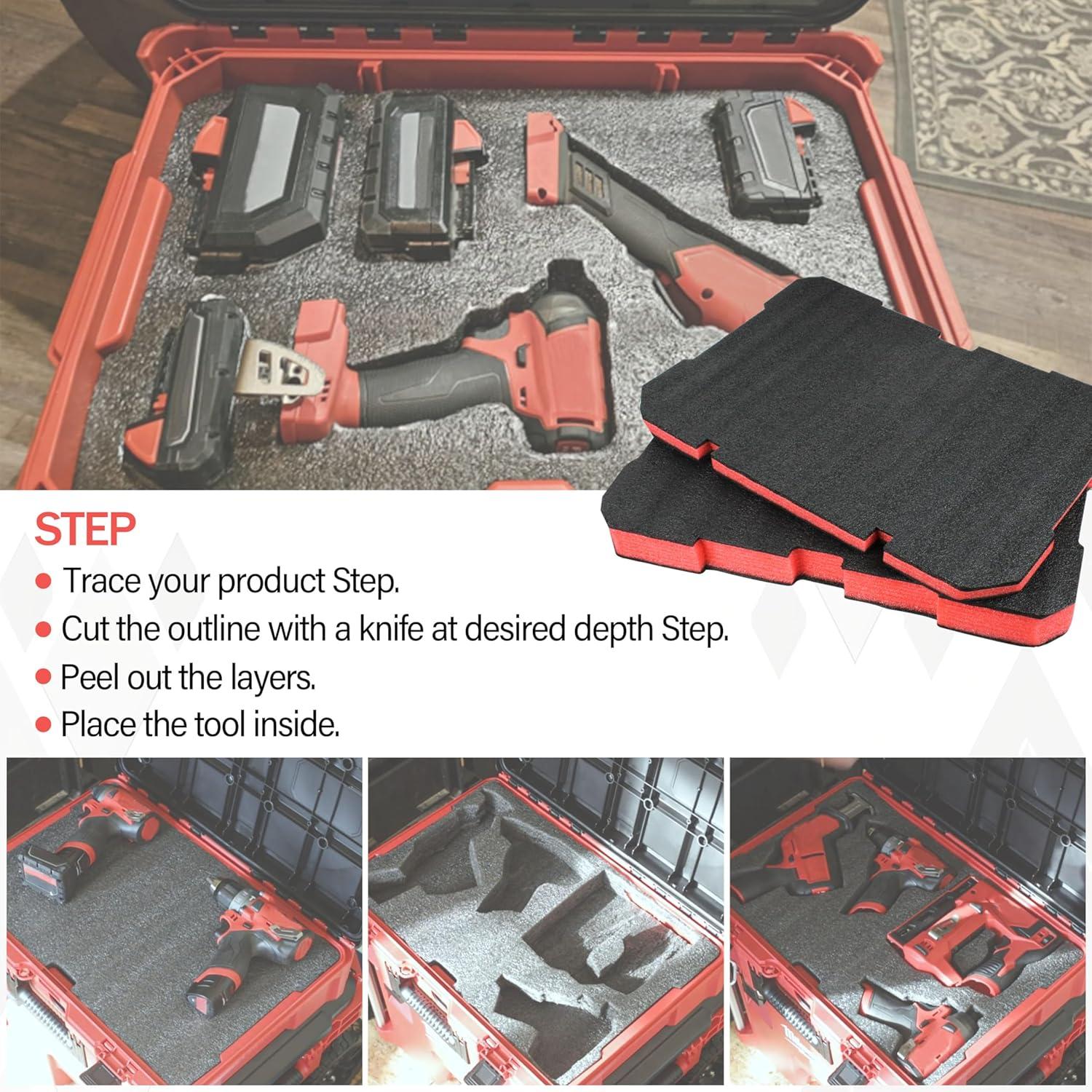 Foam Inserts Fits Milwau-kee Packout 48-22-8424 Drawer foam tool box inserts 2 pcs Black/Red