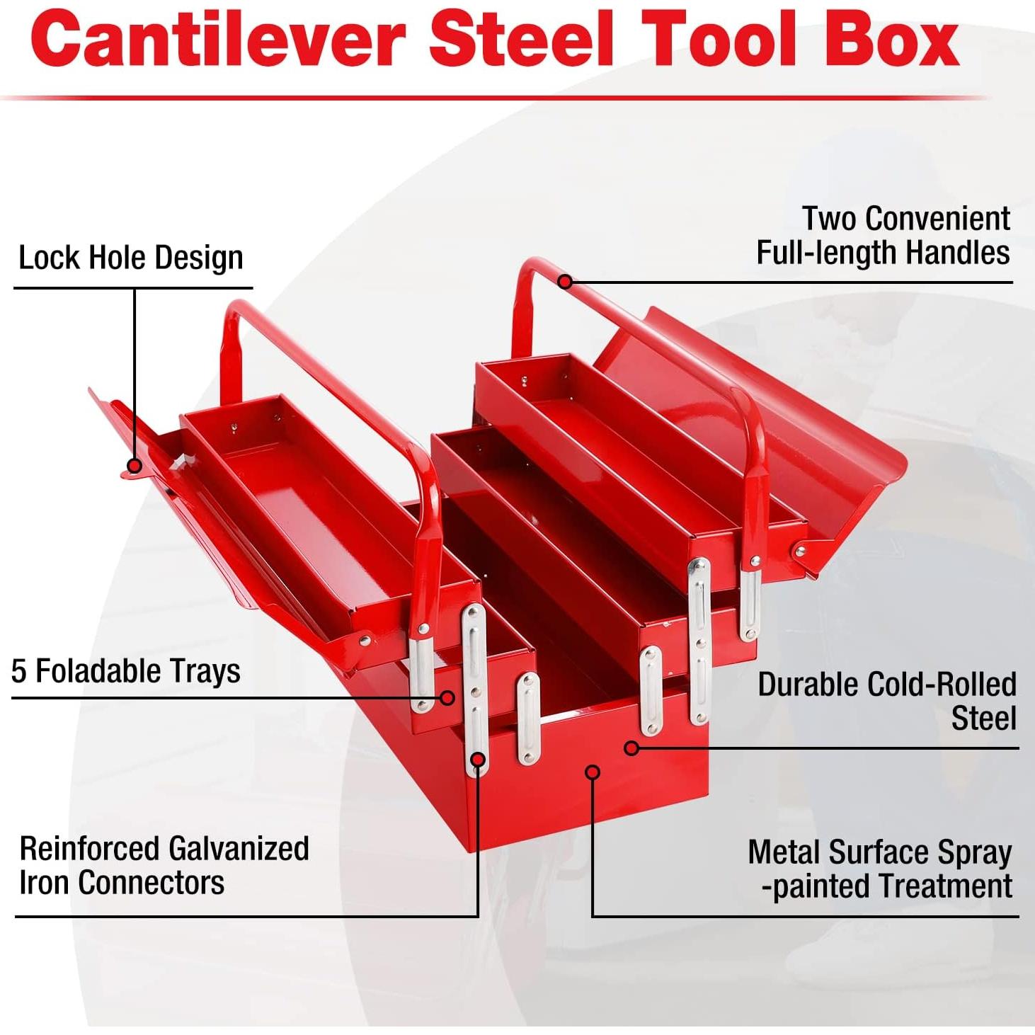 Caja de herramientas WORKPRO metálica 465mm 5 bandejas roja