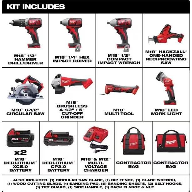 M18 18V Cordless Power Tool Combo Kit, 8-Tool Set, 3 Batteries, 2 Tool Bags, Charger Included