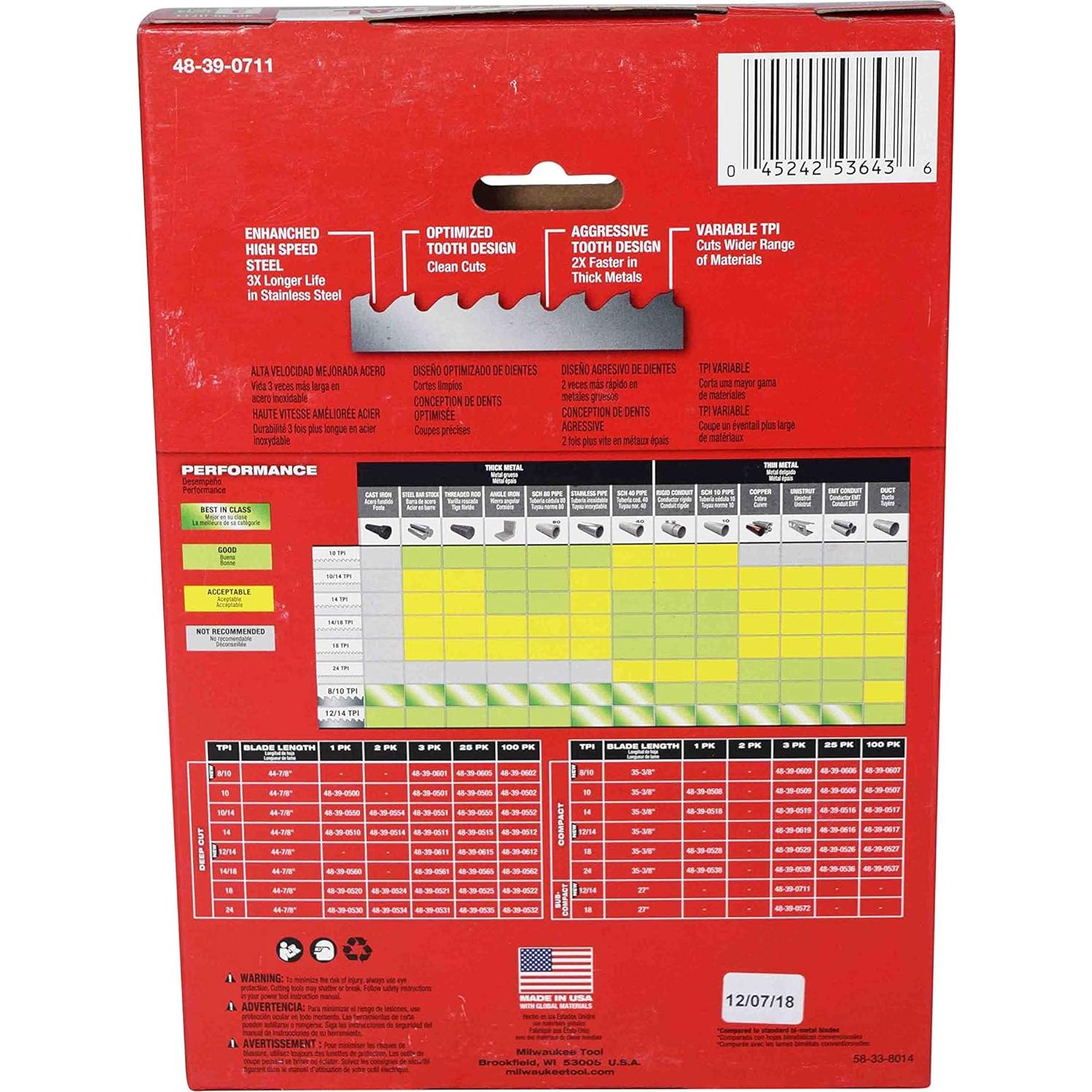 Cuchillas de Sable Milwaukee 12 TPI para Metal 3 Piezas