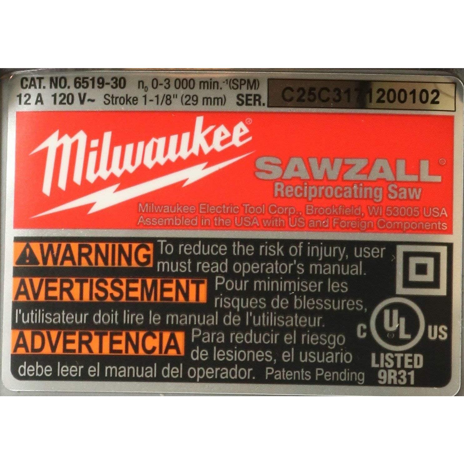Milwaukee 6519-31 12 Amp Corded 3000 Strokes Per Minute Reciprocating Sawzall w/Variable Speed Trigger (Renewed)