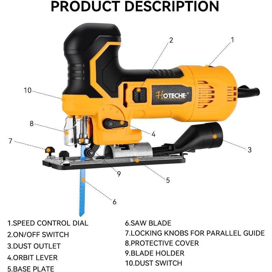 Hotec​he 6.5-Amp Jig Saw Corded 6 Vriable Speed Jigsaw with LED Light and 2Pcs of Blades
