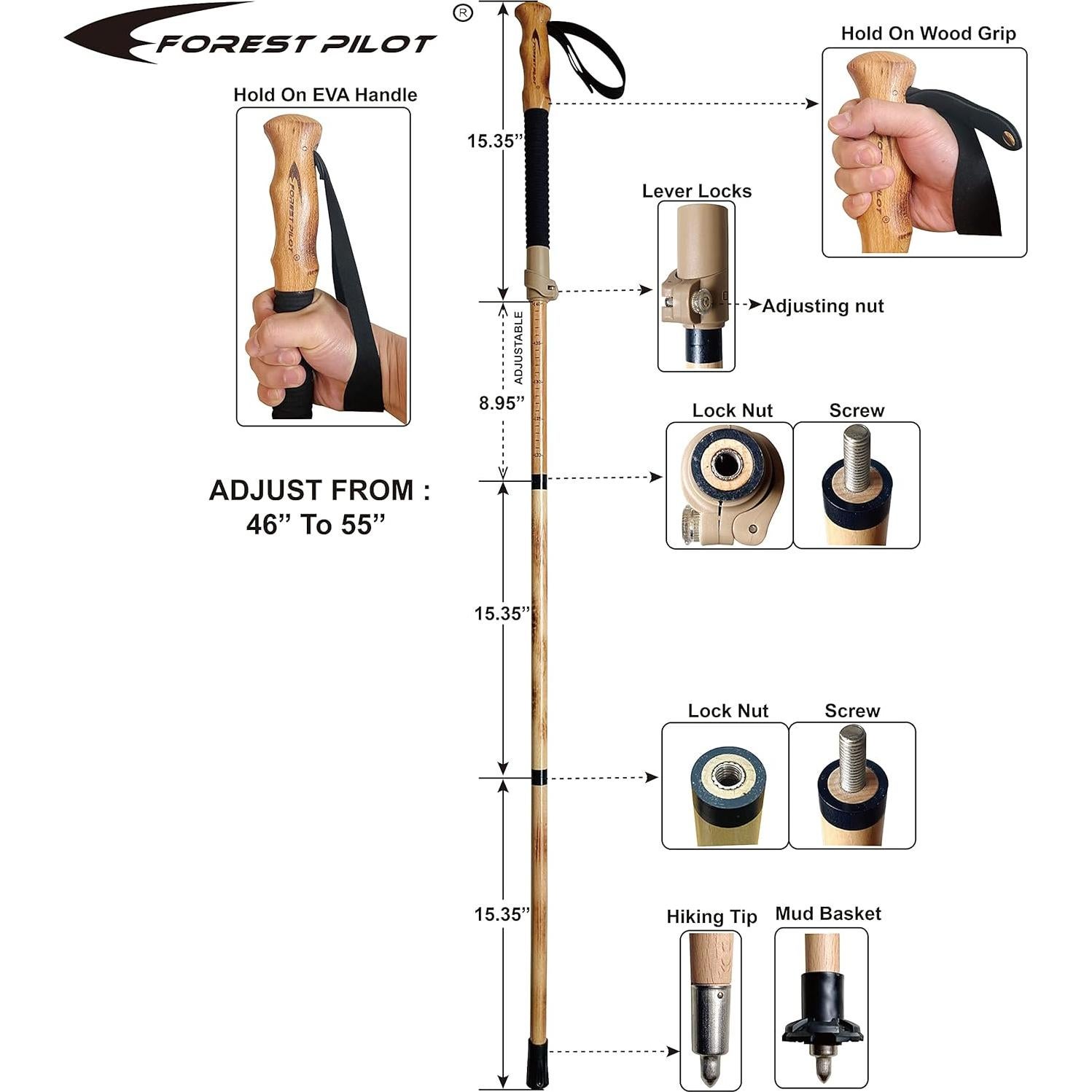 Bastón de Trekking Ajustable Forest Pilot Madera de Haya 139.7 cm