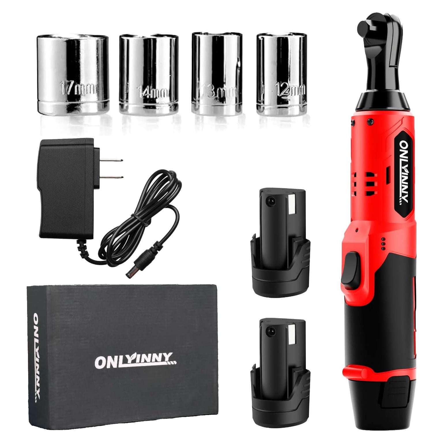 3/8" Electric Ratchet, 12V Cordless Ratchet Wrench, 380RPM Battery Powered Ratchet Wrench Set with LED Light, 2 x 2.0Ah Batteries & 4 Sockets, Fast Charger for Car Home