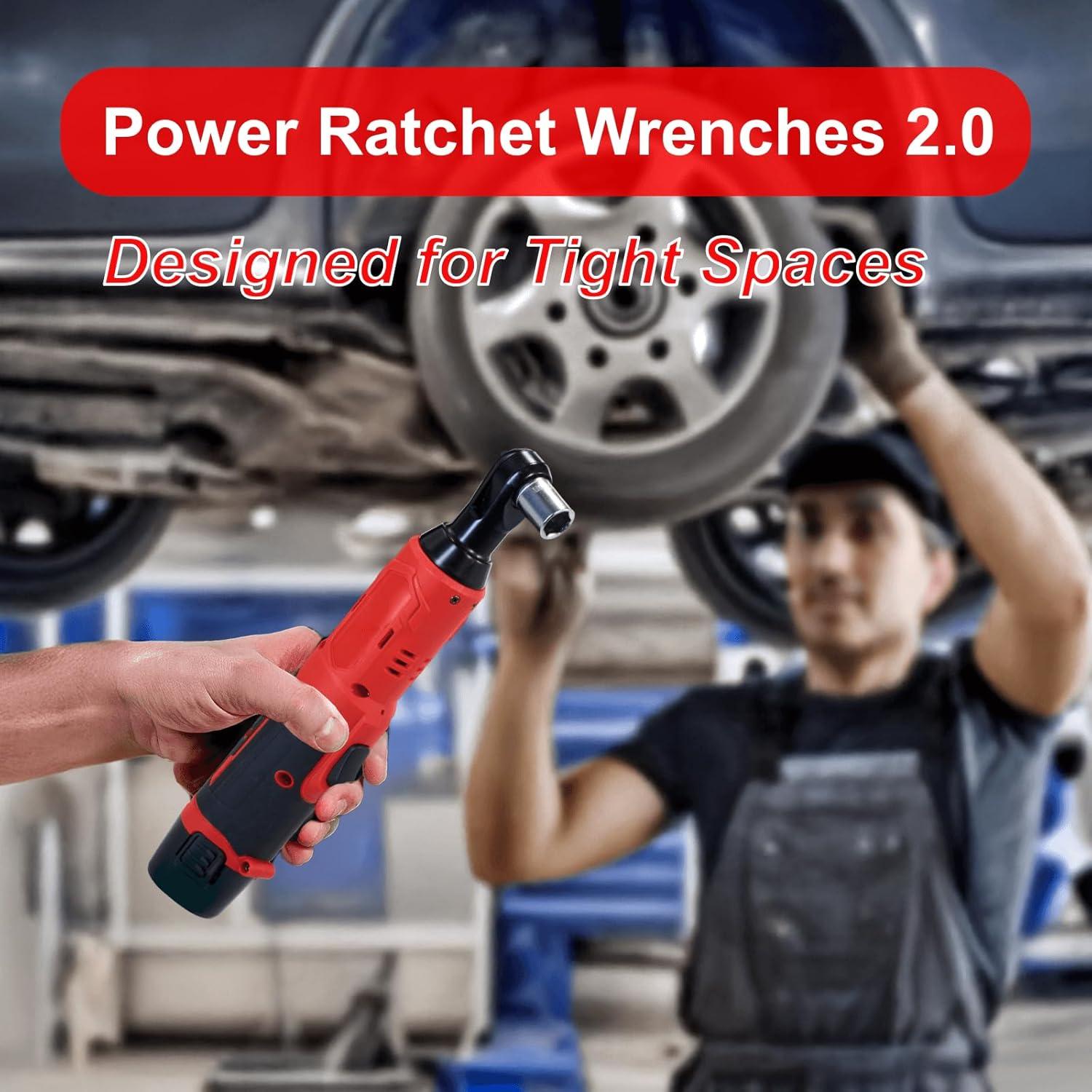 3/8" Electric Ratchet, 12V Cordless Ratchet Wrench, 380RPM Battery Powered Ratchet Wrench Set with LED Light, 2 x 2.0Ah Batteries & 4 Sockets, Fast Charger for Car Home