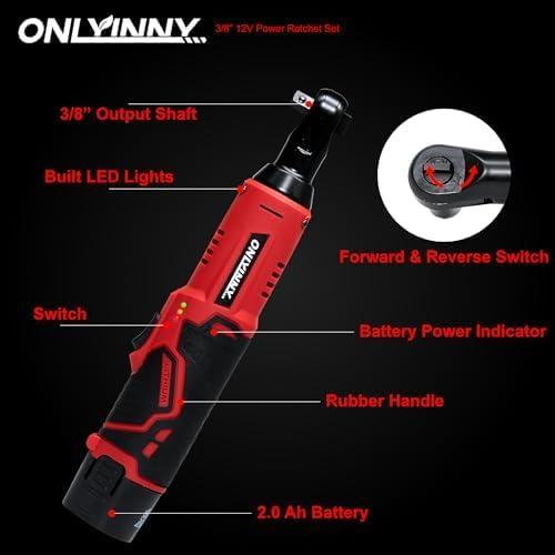 3/8" Electric Ratchet, 12V Cordless Ratchet Wrench, 380RPM Battery Powered Ratchet Wrench Set with LED Light, 2 x 2.0Ah Batteries & 4 Sockets, Fast Charger for Car Home