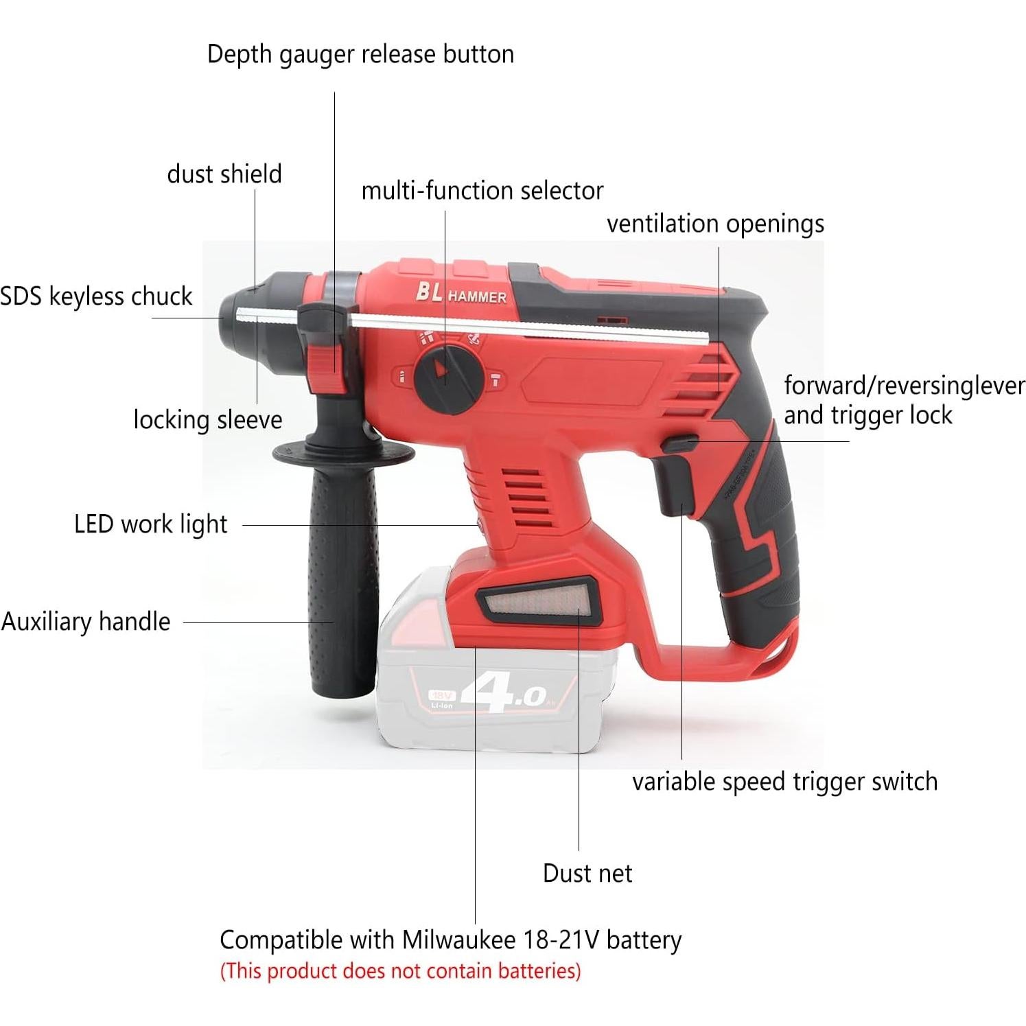 Taladro Martillo Inalámbrico FSYAO 18V 1.7 Julios LED