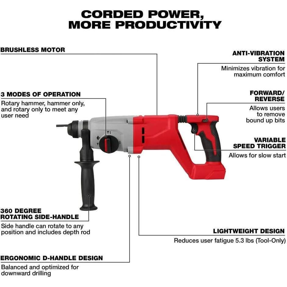Martillo Rotativo Milwaukee M18 18V D-Handle Sin Escobillas
