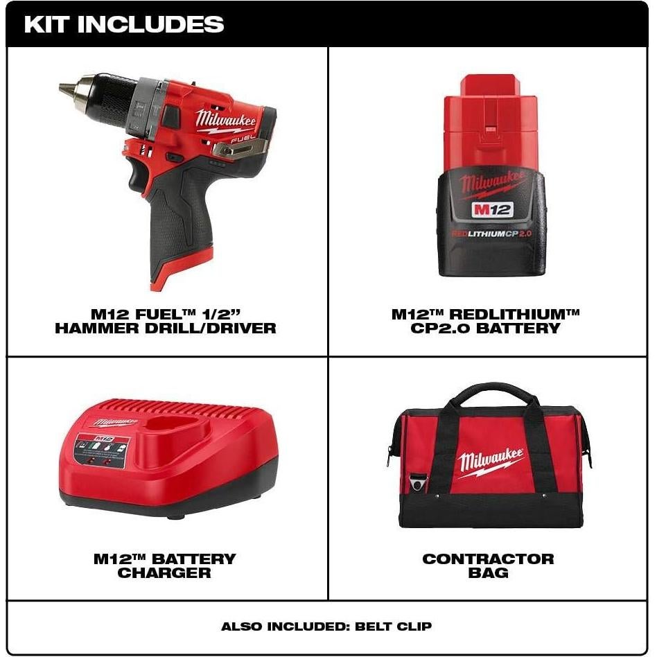 Taladro de Percusión Inalámbrico Milwaukee M12 FUEL 12V 2Ah