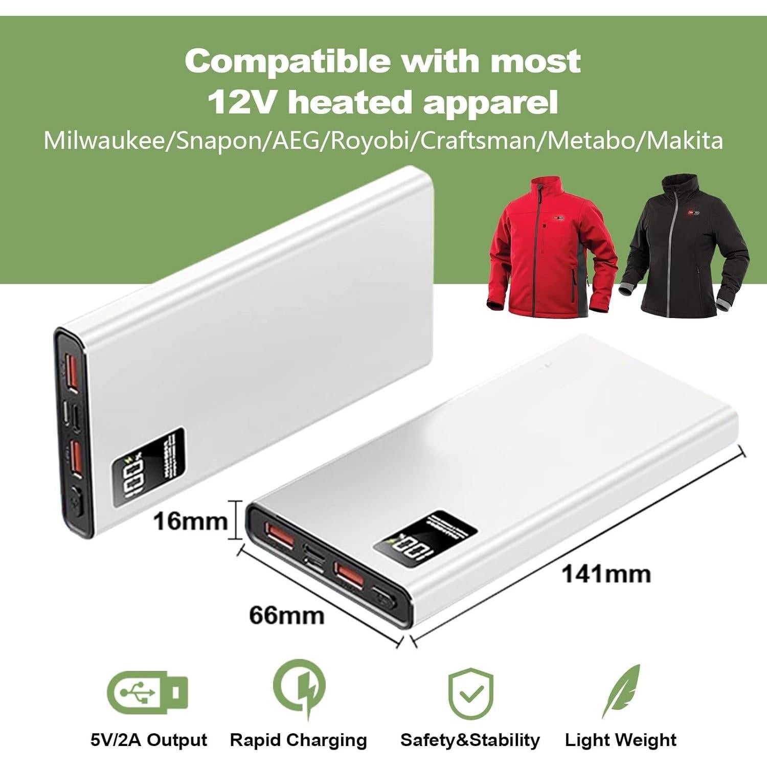 Batería calefaccionada 12V QC3.0 10000mAh para chaquetas