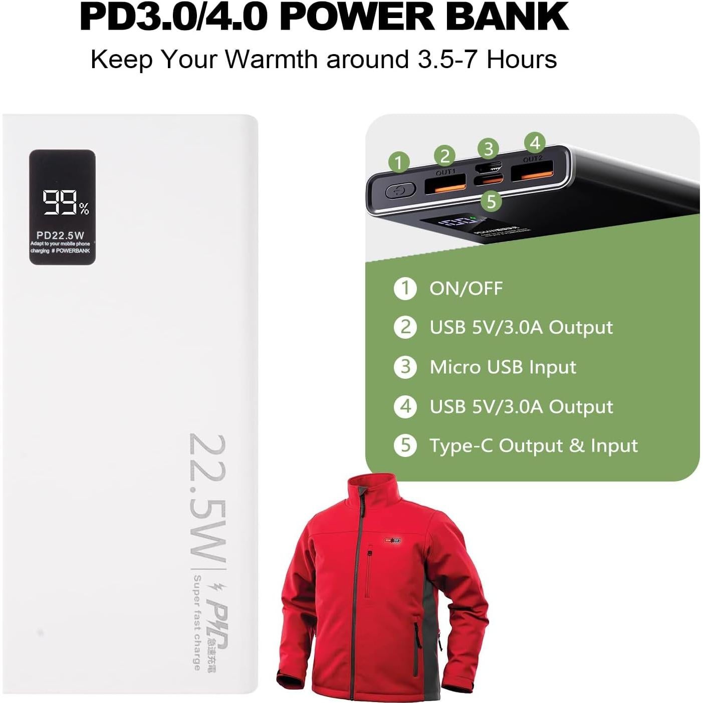 Batería calefaccionada 12V QC3.0 10000mAh para chaquetas