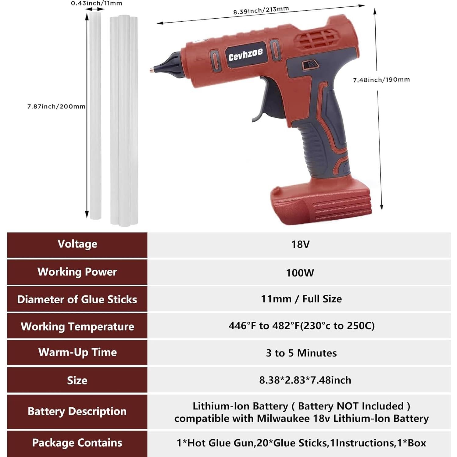 100W Hot Glue Gun, Cordless Glue Gun for Milwaukee 18V Lithium-Ion Battery with 20Pcs 0.43" Glue Sticks and Insulated Copper Nozzle, Hot Glue Gun Kit (Tool Only, Battery NOT Included)