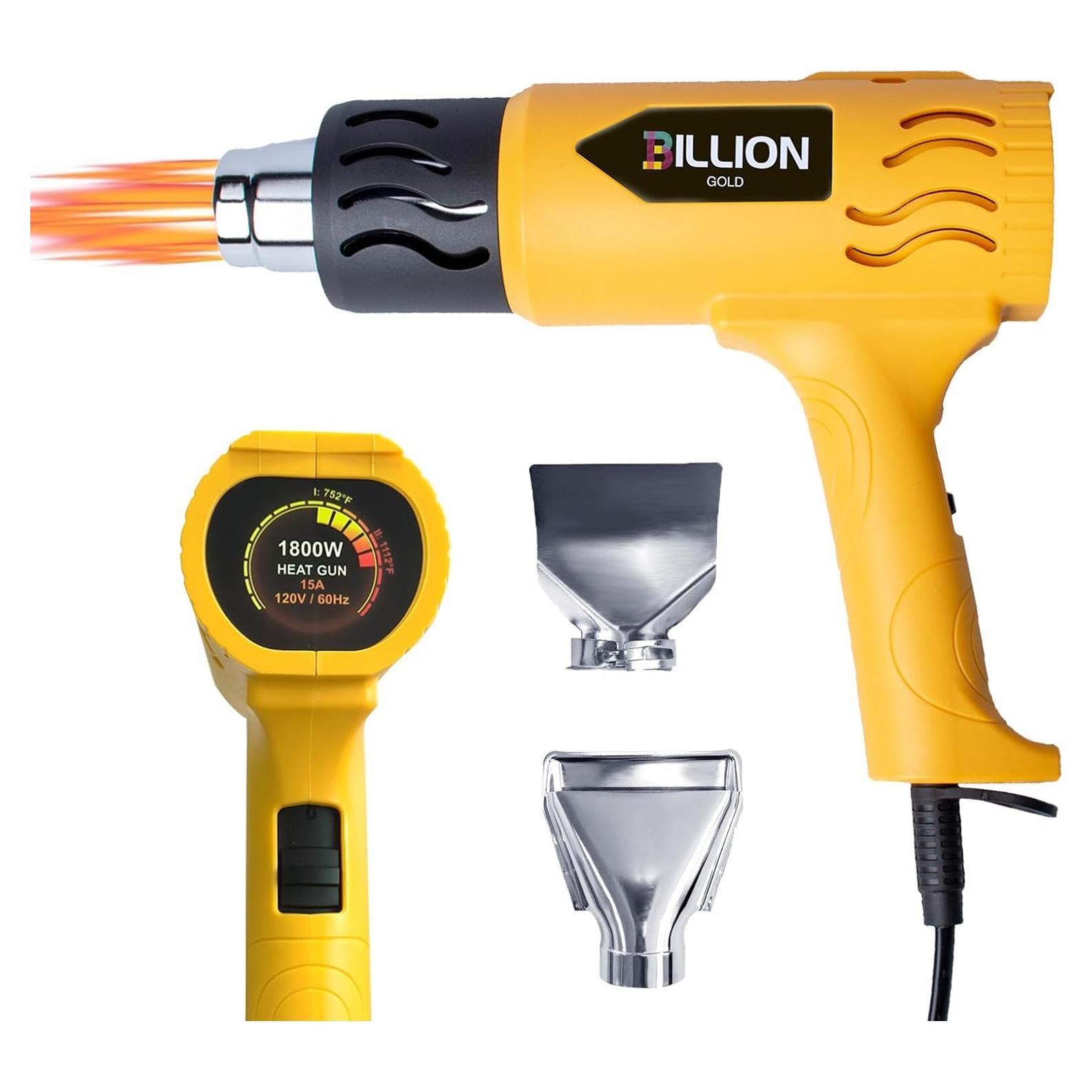 Heat Gun, BILLION GOLD 1800W Hot Air Gun 752℉-1112℉ with 2 Temperature Setting, Heat Gun for Crafting, Shrink Tubing, Paint Removing - 2 Nozzles