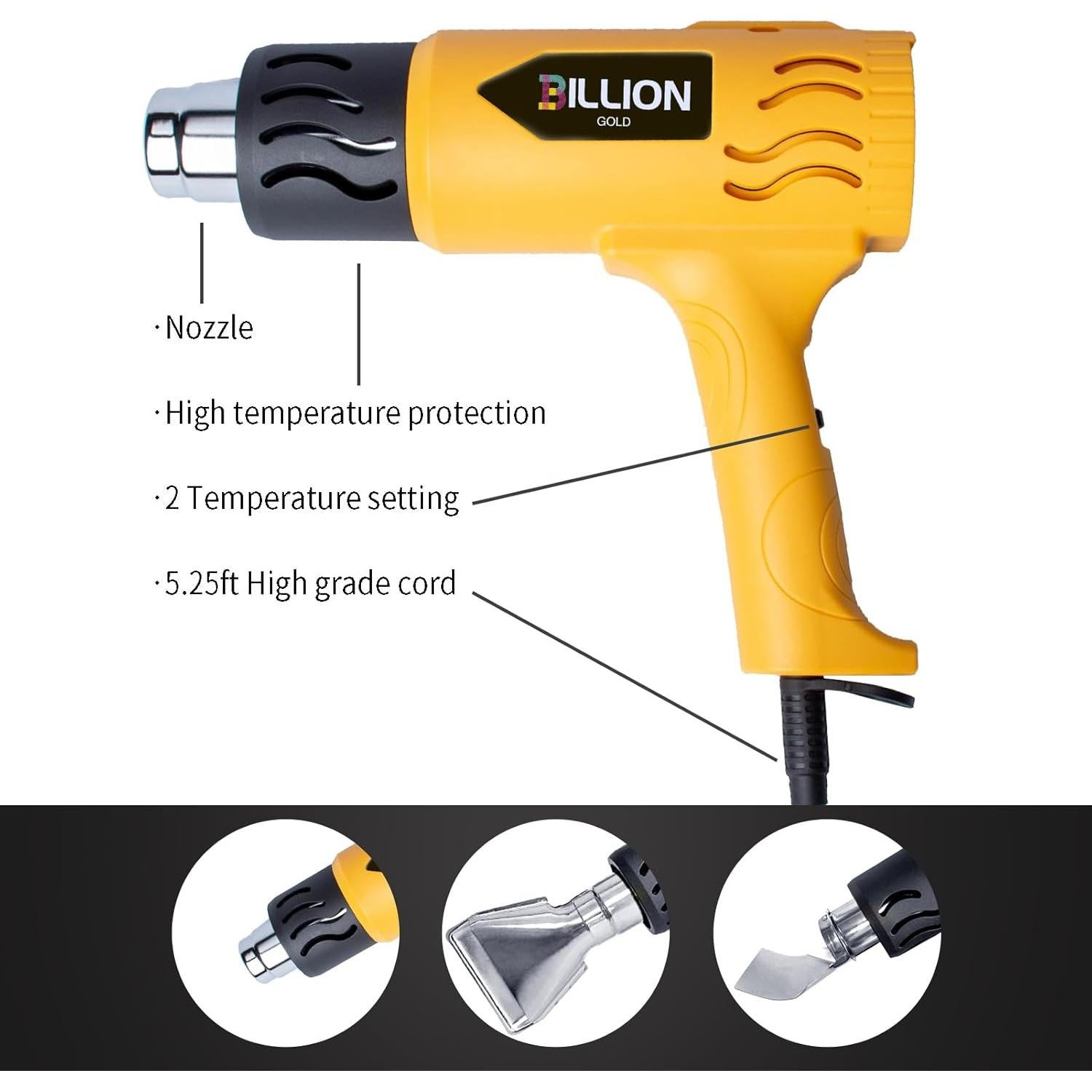 Heat Gun, BILLION GOLD 1800W Hot Air Gun 752℉-1112℉ with 2 Temperature Setting, Heat Gun for Crafting, Shrink Tubing, Paint Removing - 2 Nozzles