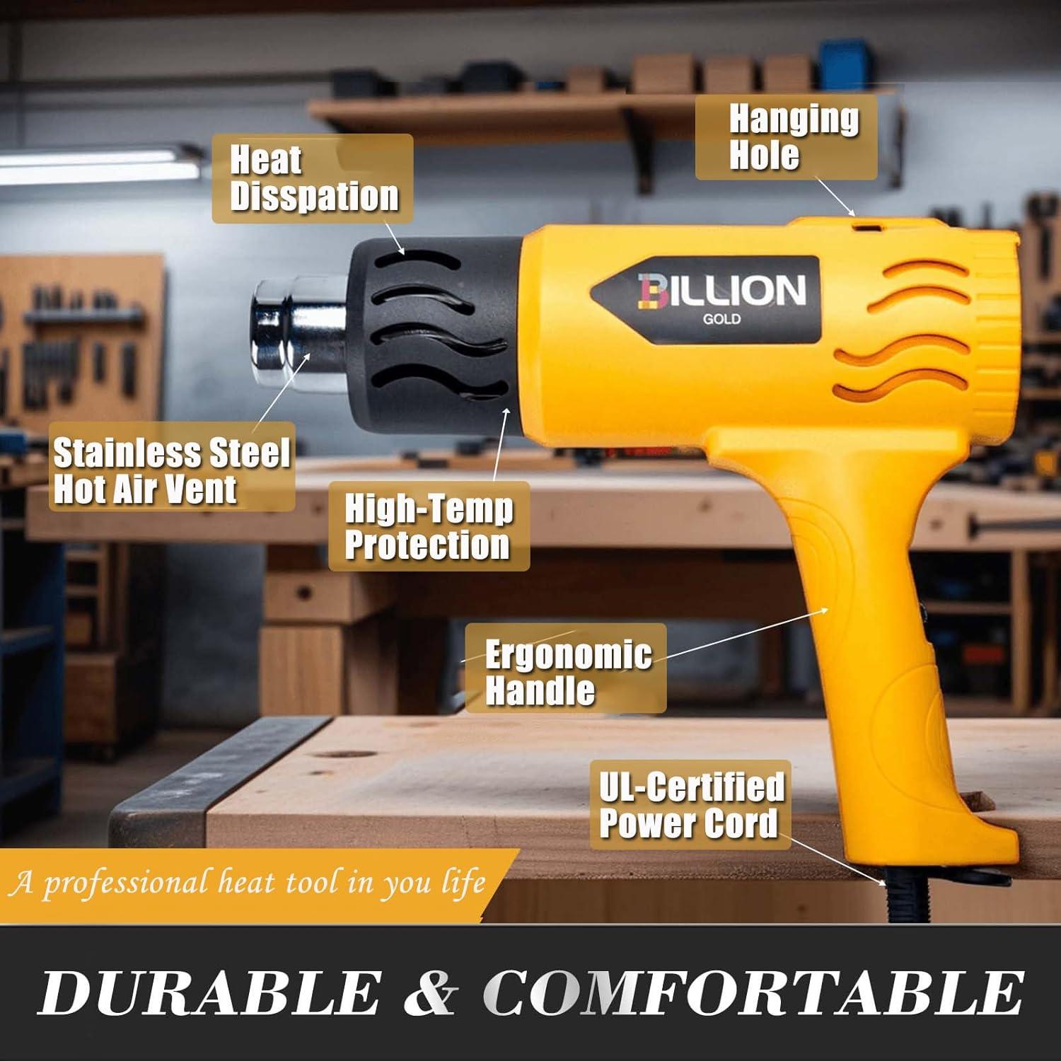 Heat Gun, BILLION GOLD 1800W Hot Air Gun 752℉-1112℉ with 2 Temperature Setting, Heat Gun for Crafting, Shrink Tubing, Paint Removing - 2 Nozzles