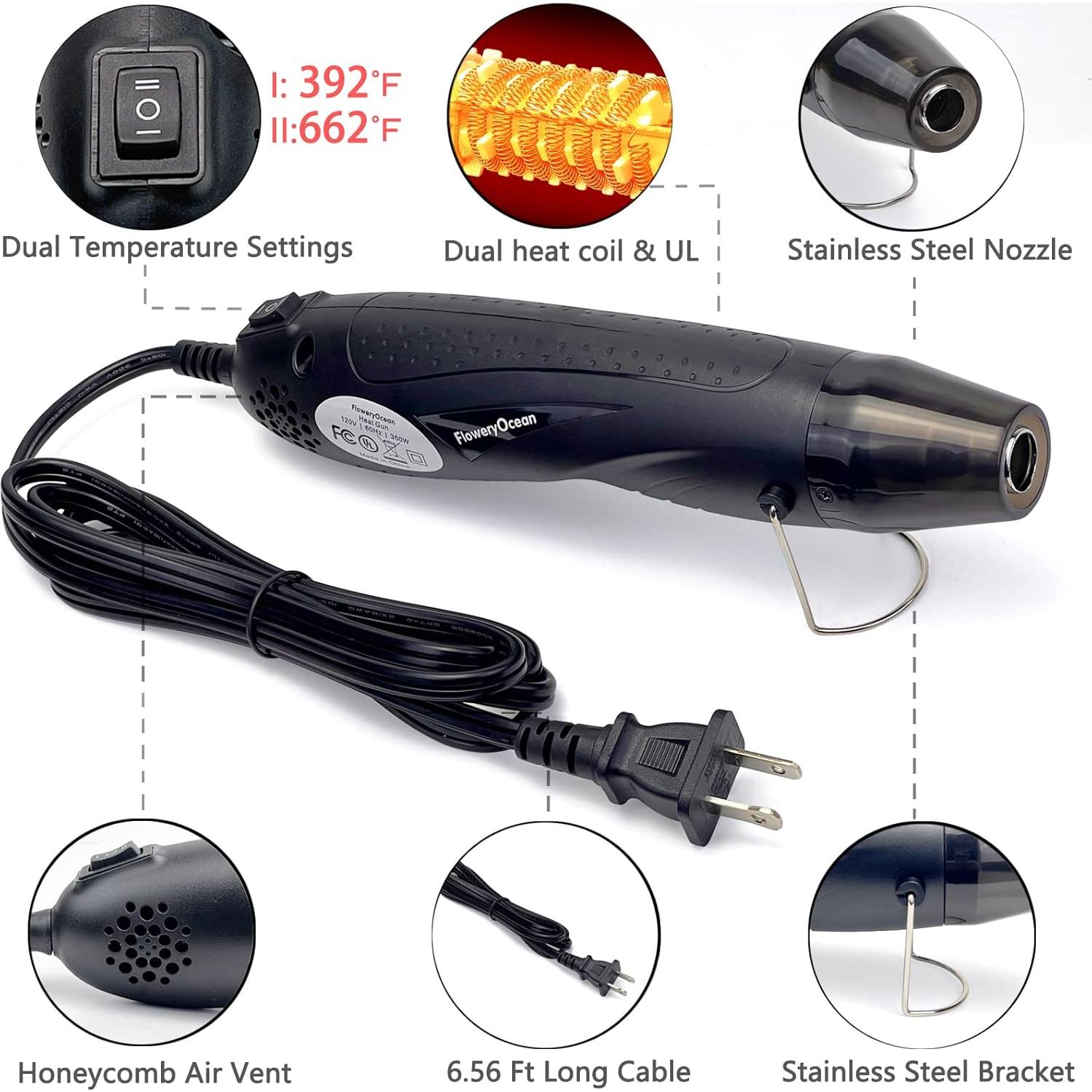 Mini Pistola de Calor 350W FloweryOcean con Boquilla y Cable 2m